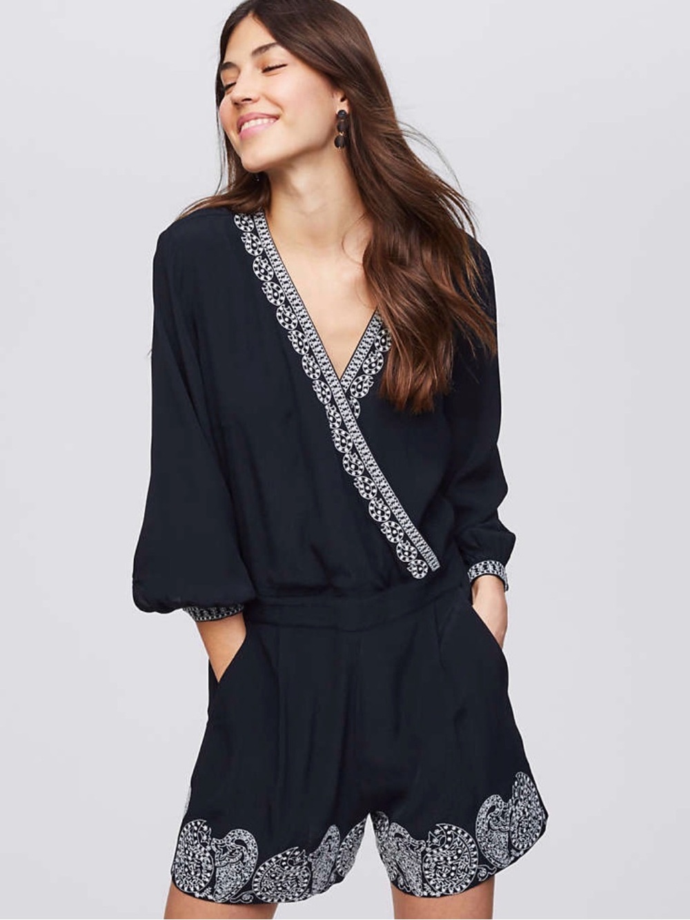 LOFT Ann Taylor Long Sleeve Romper Black/White Paisley Embroidered Detail XS